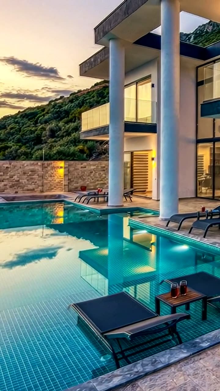 Piscina iluminada al atardecer